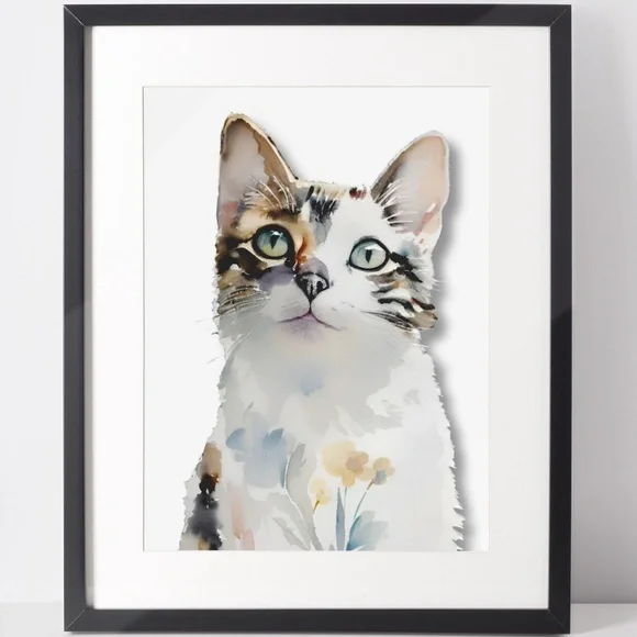 Watercolor Cat With Flowers Portrait Wall Art Illustration Print Poster Unframed - Picture 2 of 6